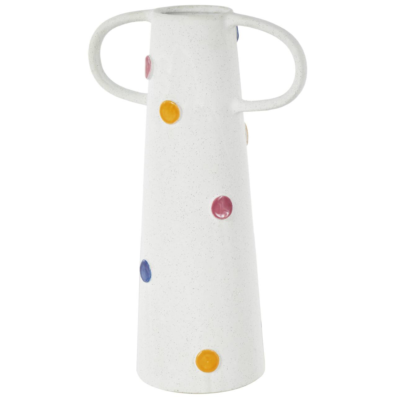 16" White & Multicolor Spots Slim Cone Ceramic Decorative Vase with Handles